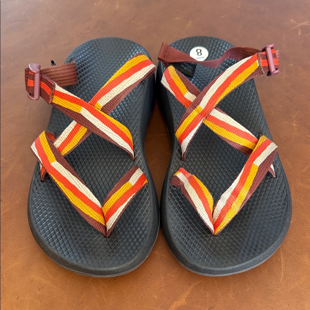 Chaco Tegu Hiking Sandals with Orange White And Brown Stripes, size 8